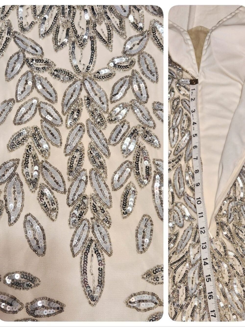 Mac Duggal Silver Gold Beaded Leaf Sequin Illusion V-Neck Gown Dress Size 10 - Picture 7 of 10